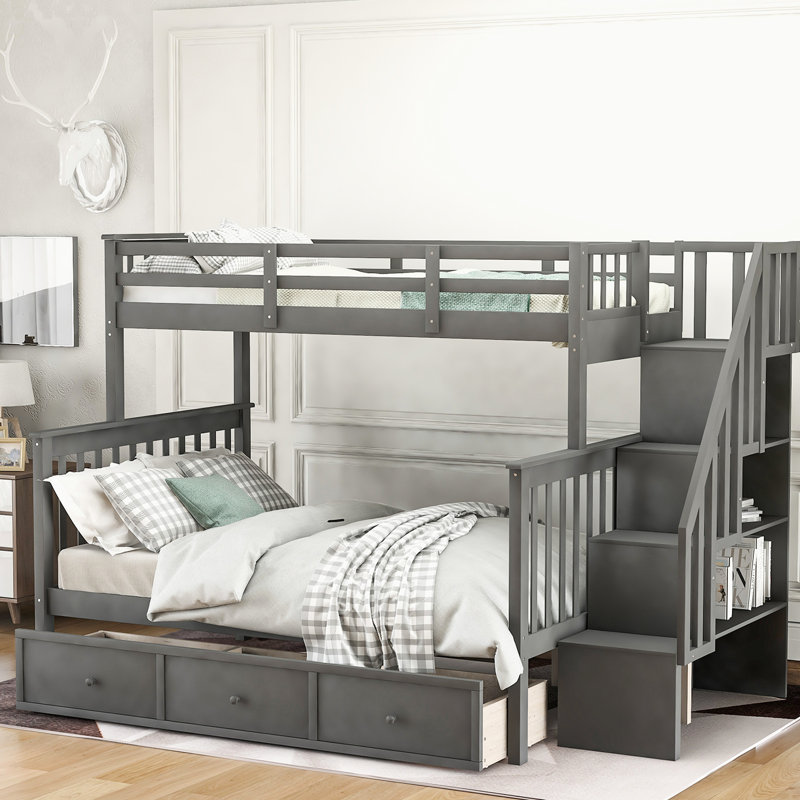 Lit superposé simple avec rangement à tiroirs, gris. Sécuritaire et pour chambre de résidence. Convient aux adultes. Pieds en pin massif. Assemblage requis. Rangement gris. Chambre à coucher, salon. Conception polyvalente. Convient au bois. Inclus