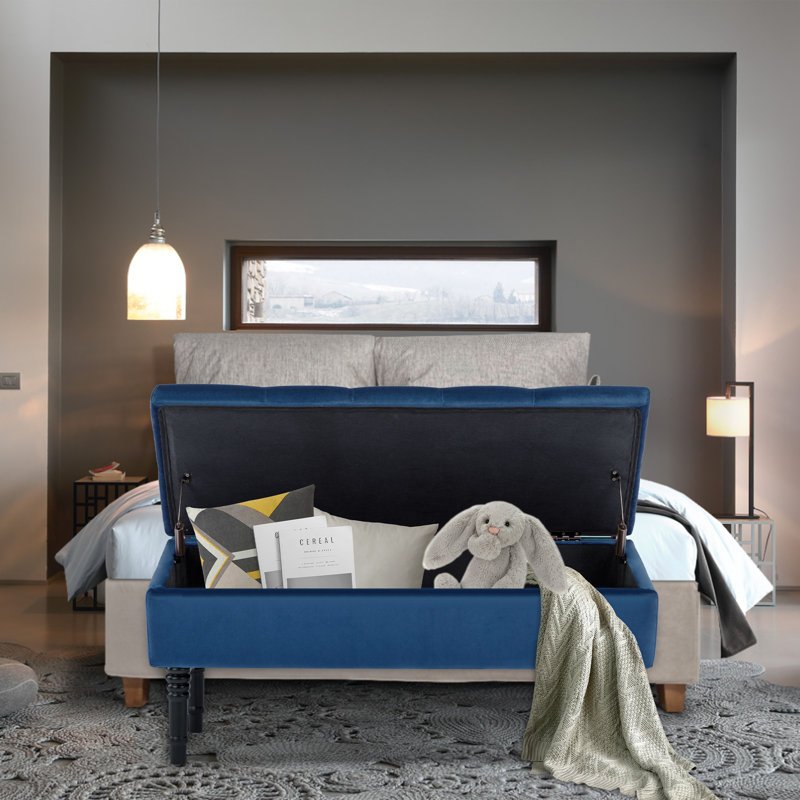 Banc de rangement avec repose-pieds Scheel, Velours bleu