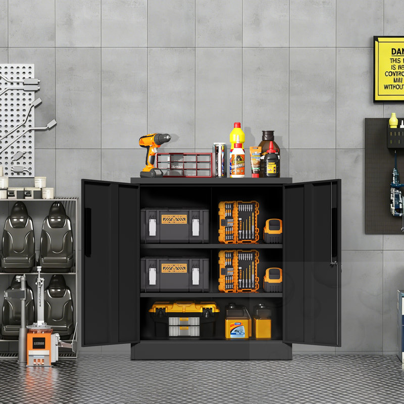 Armoire de rangement en métal à 2 portes avec serrure et 2 tablettes réglables