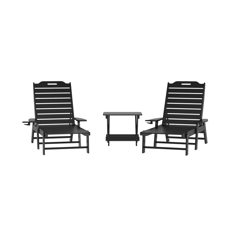 Merlene 3Pc Commercial Indoor And Outdoor Adirondack Set With 2 Loungers, Side Table, Black