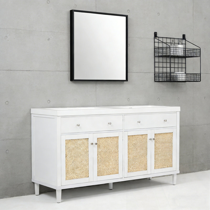 Meuble-lavabo de salle de bain avec double lavabo, 2 tiroirs rabattables et 4 portes à fermeture douce, Blanc