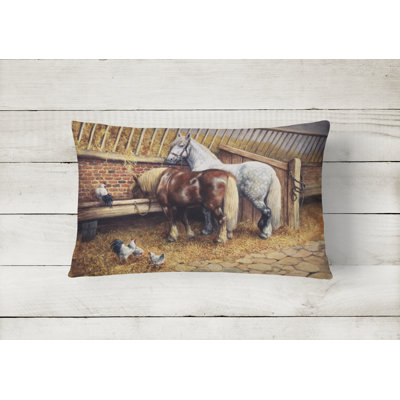  Horses Eating with the Chickens Fabric Indoor/Outdoor Throw Pillow