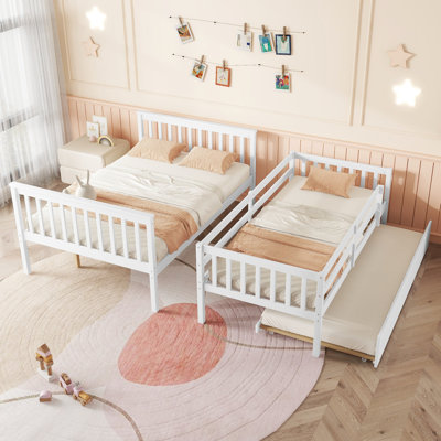Twin Over Full Bunk Bed with Trundle, Convertible Ladder & Guardrails, Solid Rubber Wood Frame, Detachable