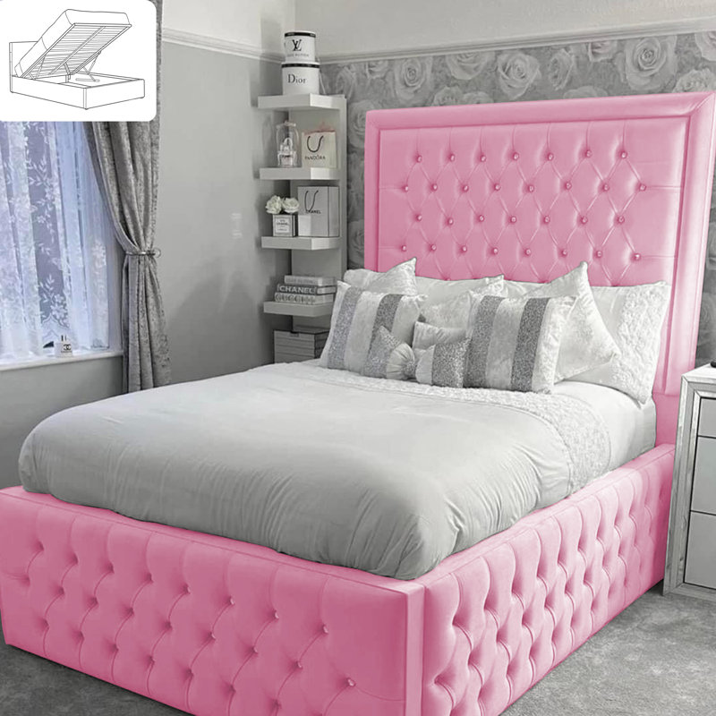 Chanoa Deluxe Ottoman Storage Bed - Bumperbar Plush Velvet Upholstered Gas Lift Bed Frame, Double (4'6), Pink
