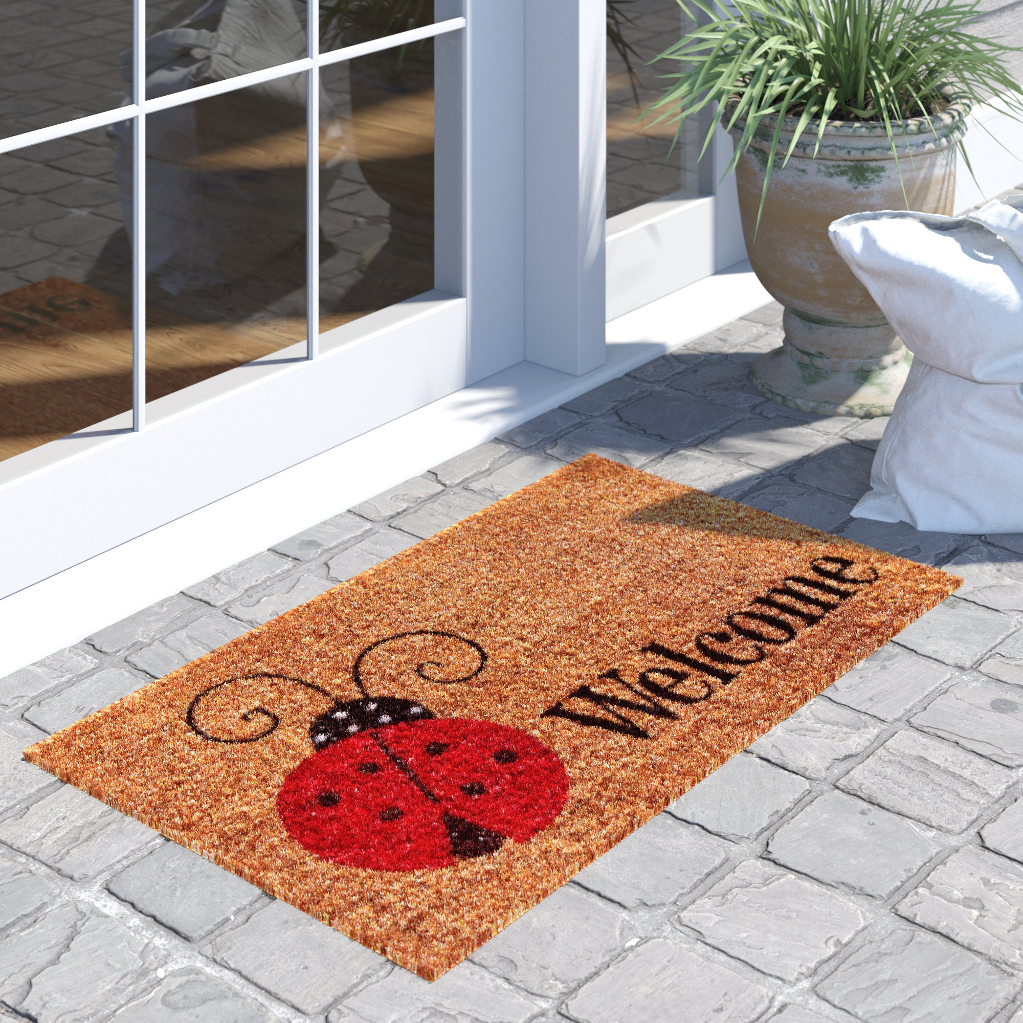 August Grove® Kumbhar Ladybug Welcome Non-Slip Outdoor Door Mat