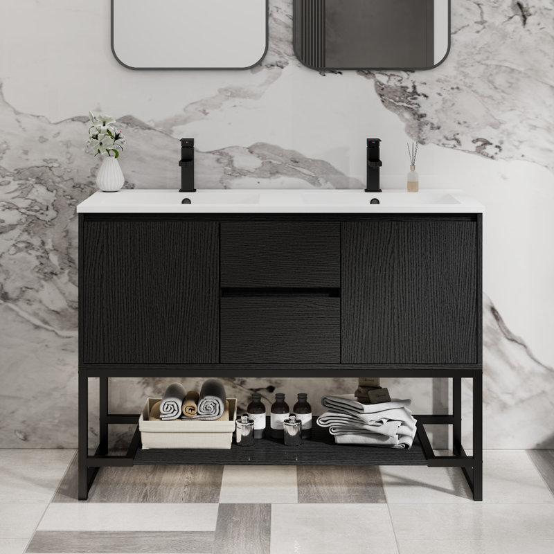 Ensemble de meuble-lavabo à double cuve 48 "avec plateau en résine , robinet, tablette ouverte, structure en métal , Noir