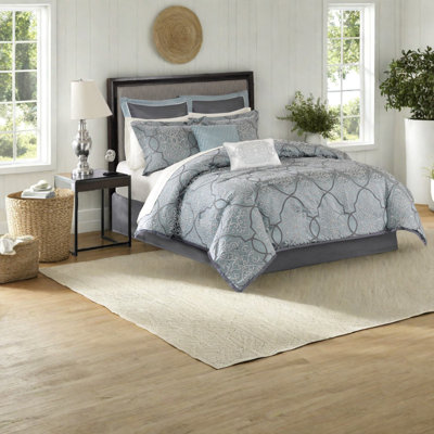 Luxury 12-piece Bedding Set, Cotton Sheets, Blue Jacquard, Queen Size