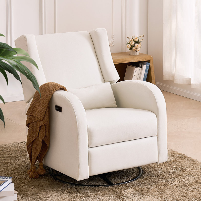 Electronic Power Recliner And Swivel Glider, 250 Lbs Weight Capacity Swivel Glider Recliner Chair With USB Port, Polyester Surface Swivel Rocker Recliner For Living Room, Bedroom, Off White