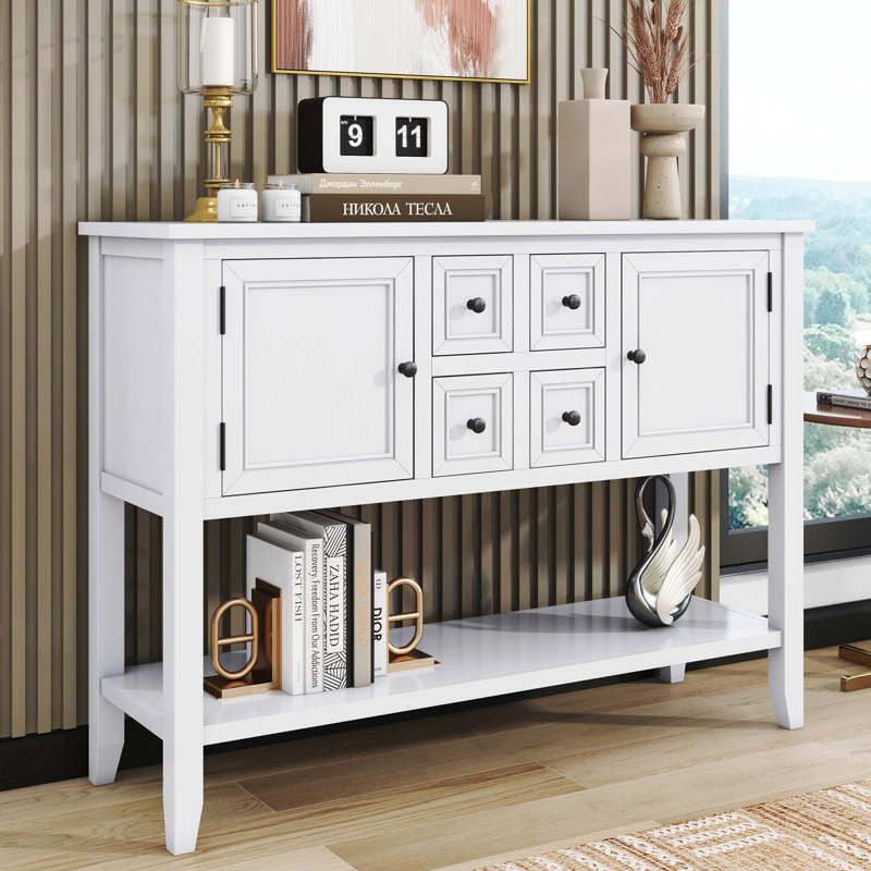 Grande console de rangement rétro Cambridge Series avec quatre petits tiroirs et une tablette inférieure pour un usage domestique polyvalent