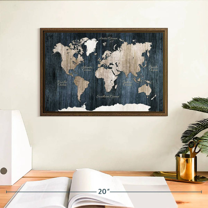Carte du monde en bois vieilli, 13 po x 9 po, Cadre flottant en noyer