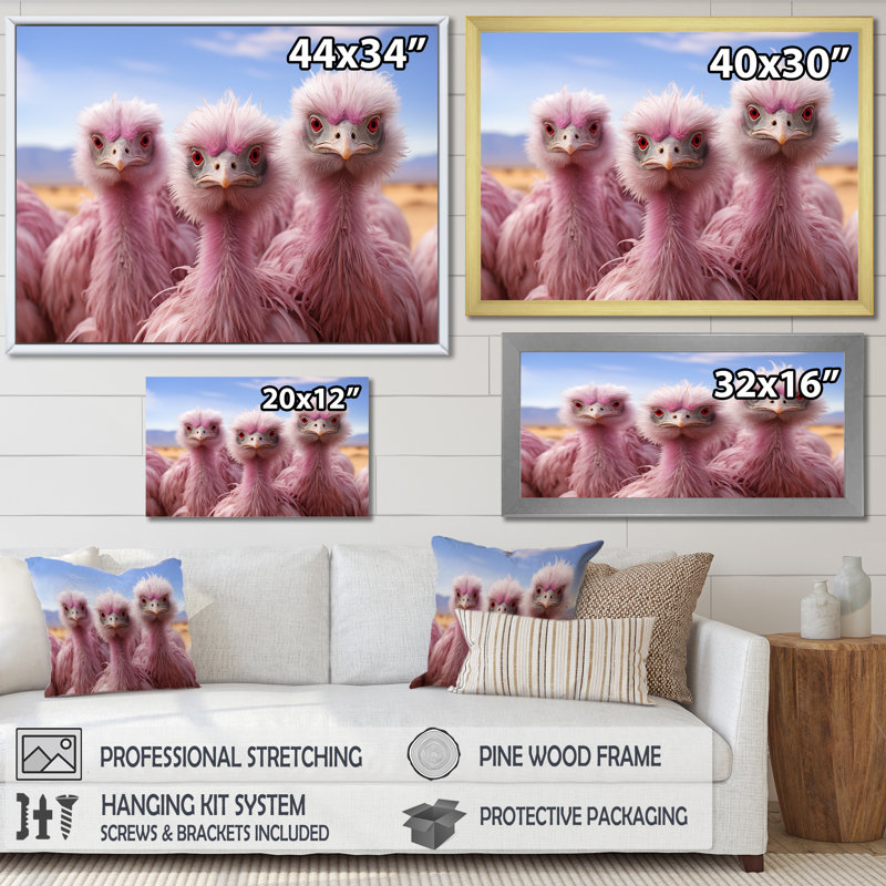 Décoration murale autruches roses - Autruches, Cadre flottant doré, H 12 po x l 20 po x P 1 po