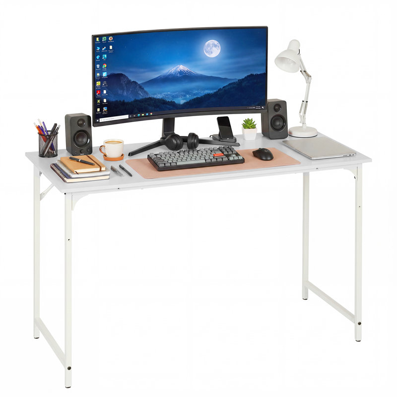 Office Desk Small Computer Desk Study and Writing Table Simple Modern Desk with Metal Frame for Home Office, White/White