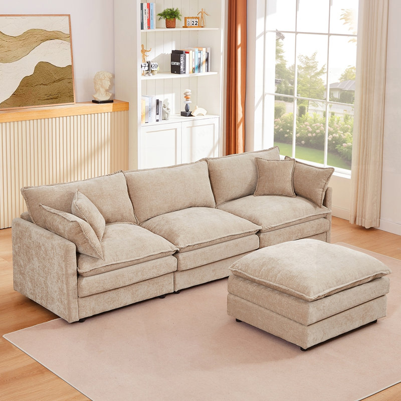 3-Seater Comfy Cloud Couches With Movable Ottoman, Coffee