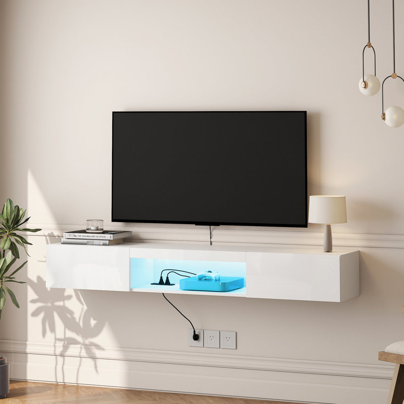 Meuble télé flottant avec 16 couleurs, 61,51 po pour téléviseurs de 60 à 69 po, tablette fonctionnelle blanche, meuble télé 63 po, 60 po et 65 po, rangement abondant