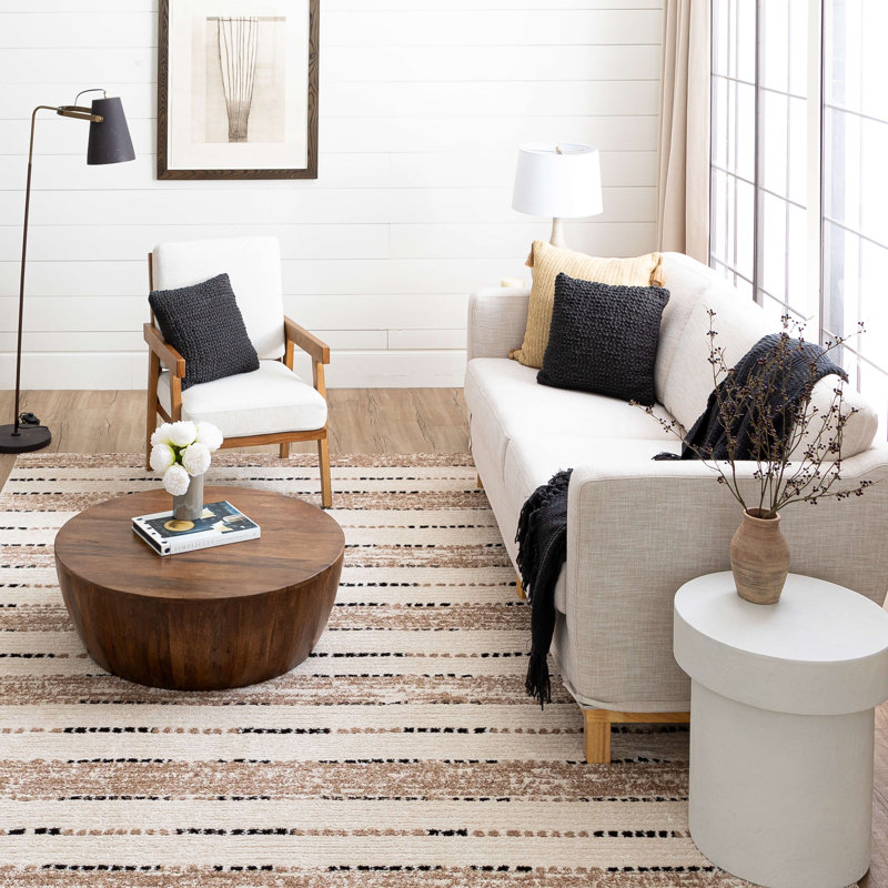 Traverse Lanes Tan and Black Striped Synthetic Area Rug