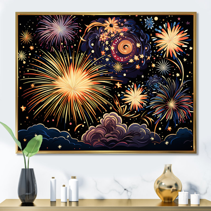 Feux d'artifice ciel céleste - art mural de feux d'artifice, Cadre flottant doré, H 30 po x l 40 po x P 1,5 po