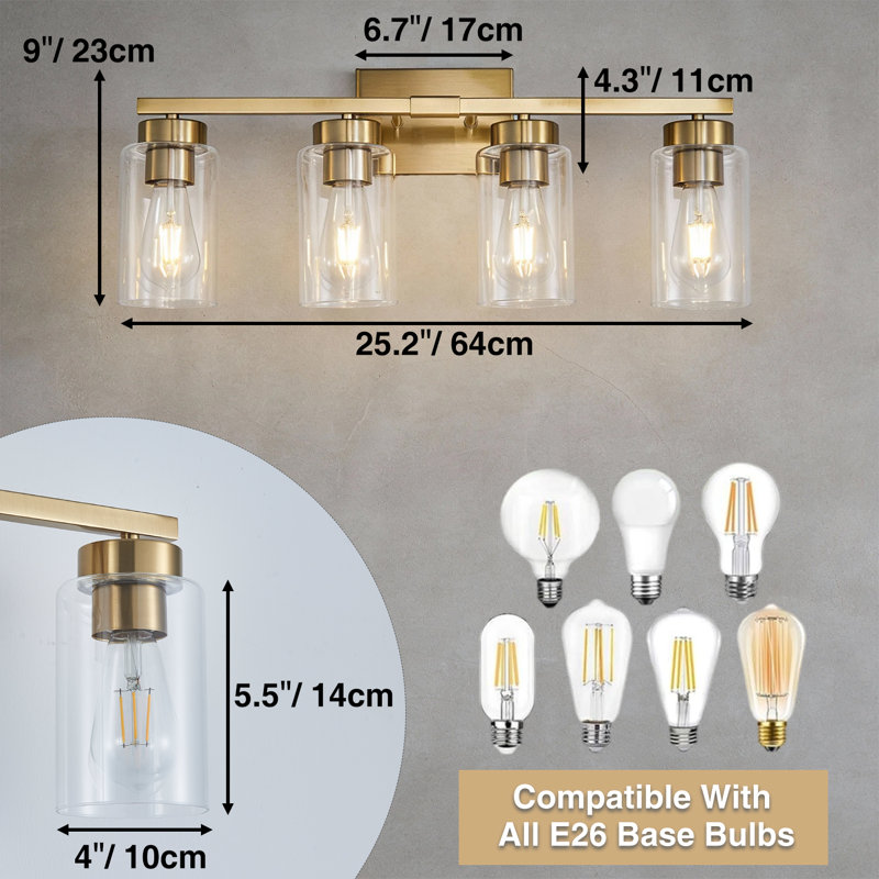 Applique murale de salle de bain à 4 lumières avec abat-jour en verre transparent, Gold