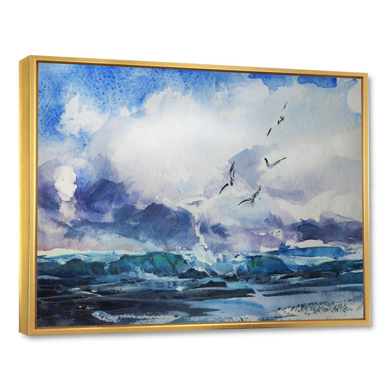 Vague et goélands - Peinture sur toile, H 12 po x l 20 po x P 1 po, Cadre flottant doré
