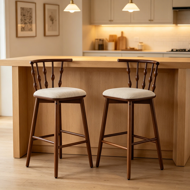 Wooden Upholstery Barstool, Set Of 2, Walnut, Beige