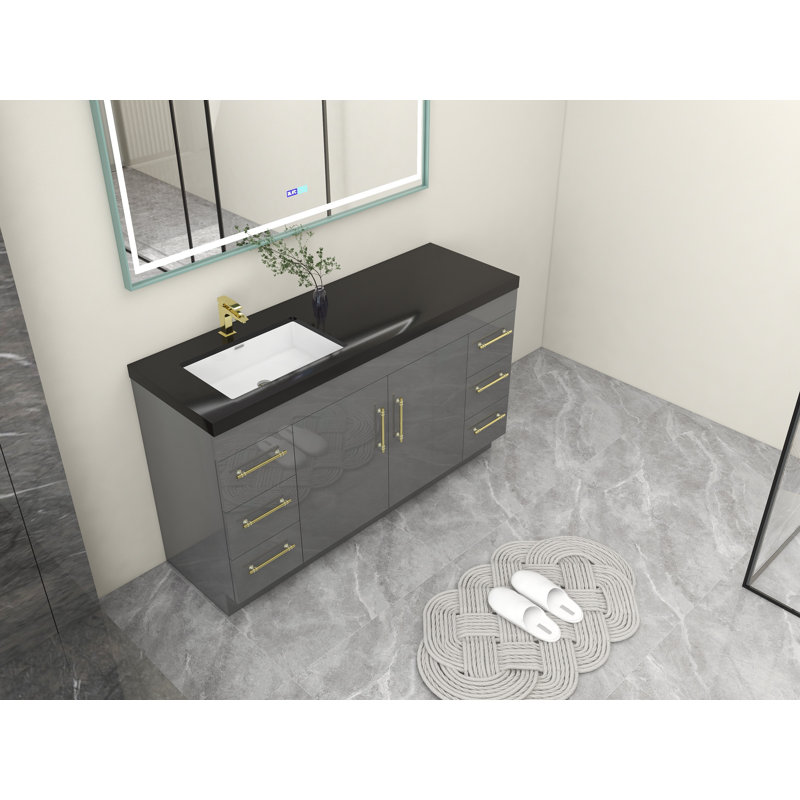 Ensemble de meuble-lavabo simple 60 po Campea, Gris à haute brillance, Or mat