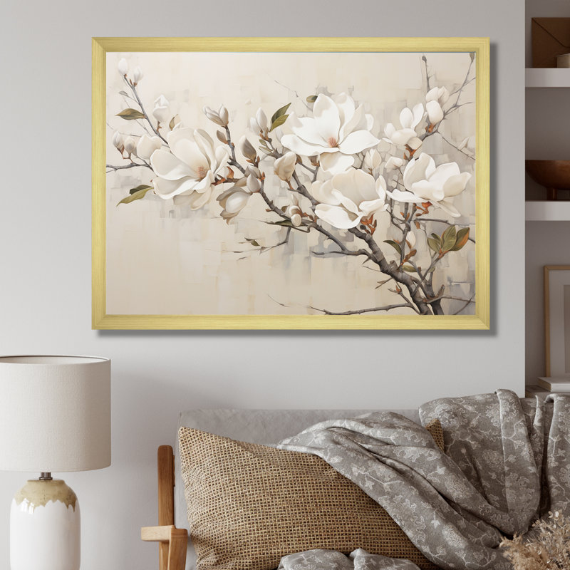 Beige de Magnolias «Dreamy» - art mural encadré Magnolias, H 30 po x l 40 po x P 1,5 po, Cadre doré simple