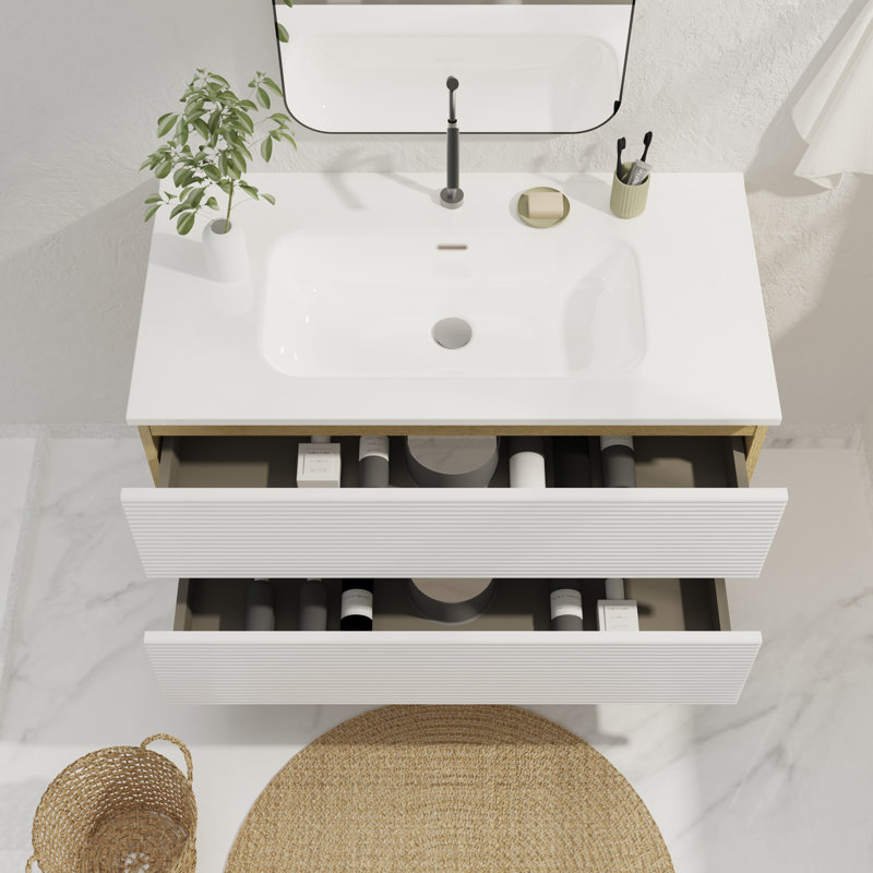 Meuble-lavabo simple 36 po avec plateau pré-assemblé, Blanc neige / chêne naturel