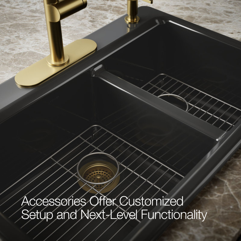 Riverby 33 In. Top-Mount Double-Bowl Kitchen Sink, 4 hole, Black, Large/medium bowls