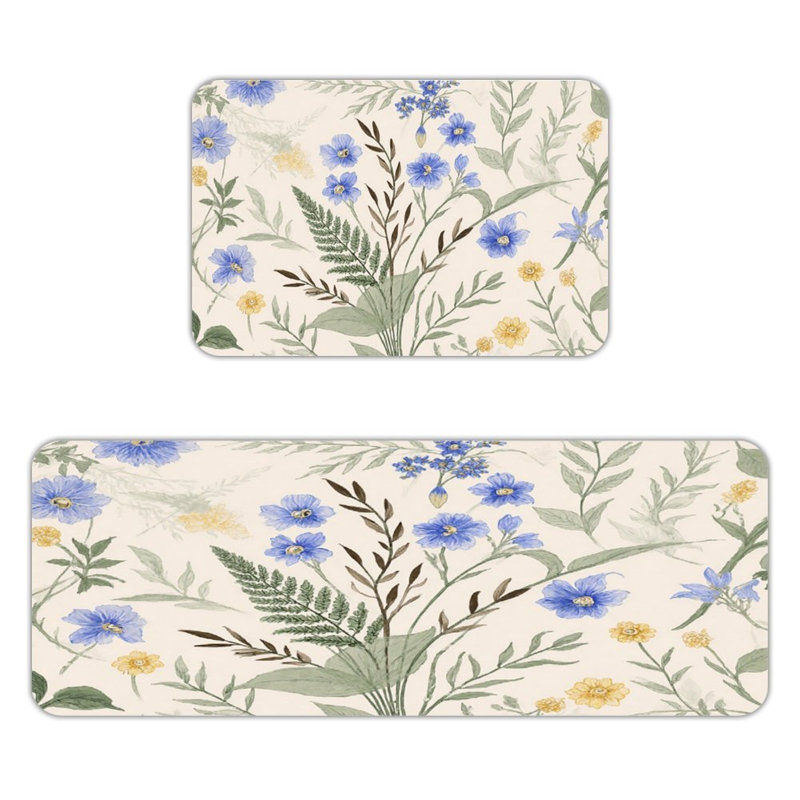 Fresh Blue Yellow Florals, 2 Pcs Non Slip Kitchen Mats, Blue Floral