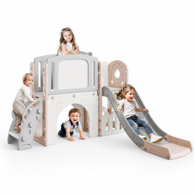 8-in-1 Toddler Slide Playset with Climber, Tunnel, Basketball Hoop & Storage, Indoor Outdoor Playground for Toddlers 1-3, Light Pink