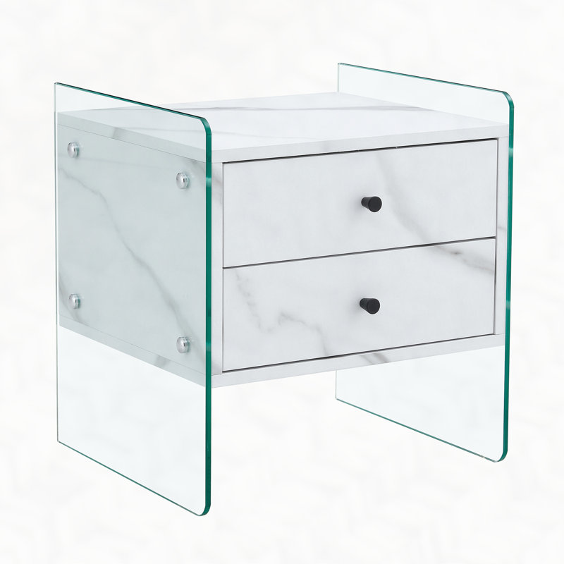 Double-drawer bedside table. The board surface is MDF with grain sticker, and both sides are transparent tempered glass. The design is simple and elegant, with excellent storage functions