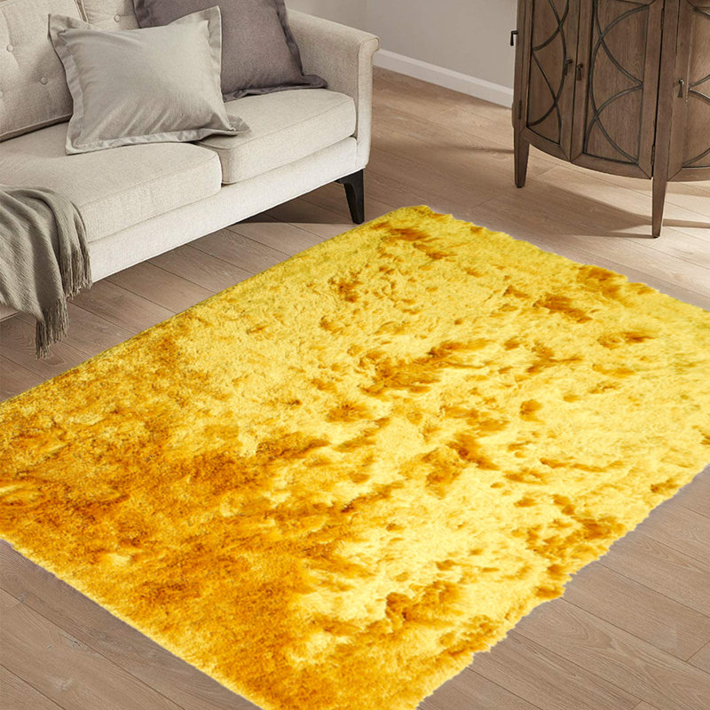 Tapis jaune à poils longs tissé à la main, Rectangle 5 pi x 8 pi