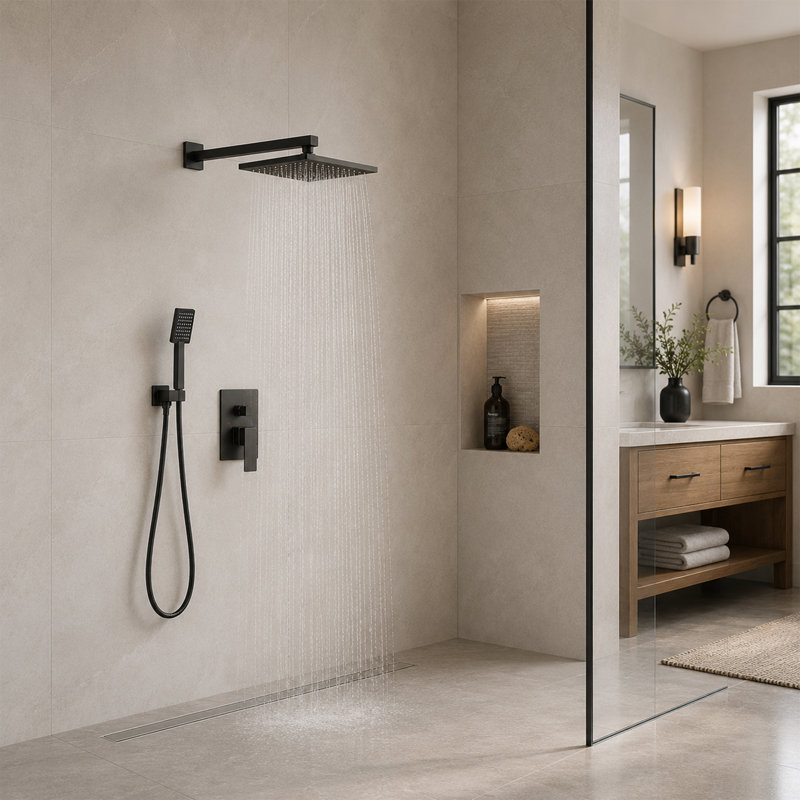 Prism 4-Spray Square Shower System with Handheld (Valve Included), Matte Black