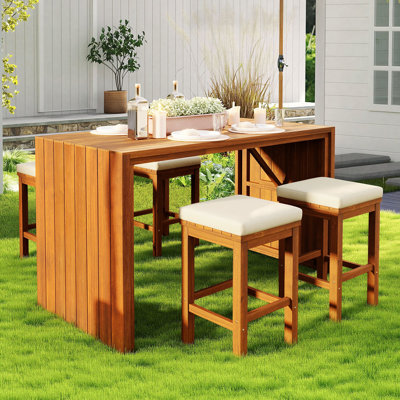 5-Piece Patio Solid Wood Dining Set with 1 Bar Table and 4 Cushion Stools, Outdoor Bar Set For Backyard, Poolside, Balcony