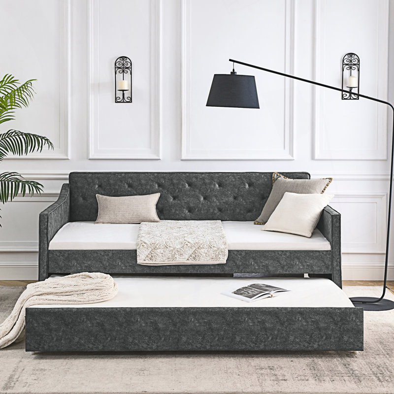 Modern Twin Size Daybed With Twin Size Trundle, Upholstered Tufted Sofa Bed, Gray