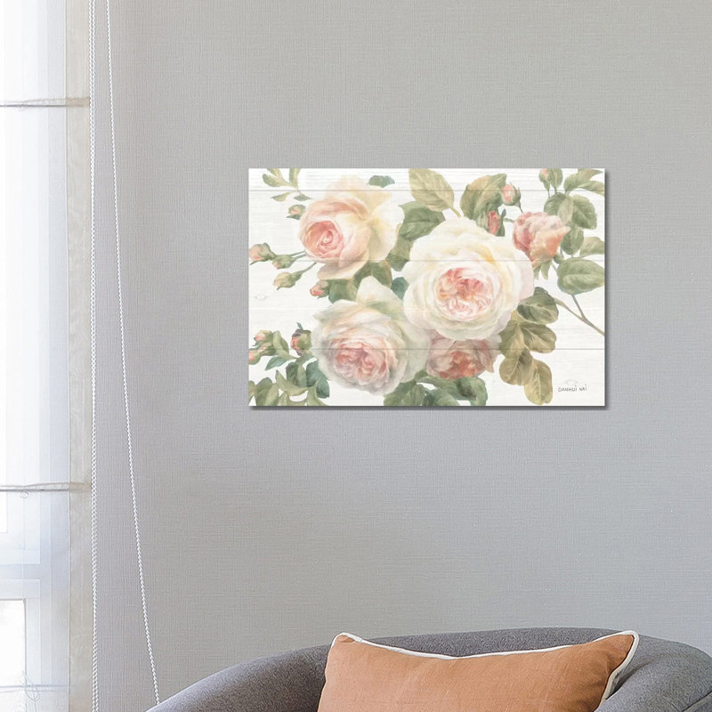 Vintage Roses White On Shiplap Crop by Danhui Nai - Wrapped Canvas Painting, 45.72cm H x 66.04cm W x 1.91cm D