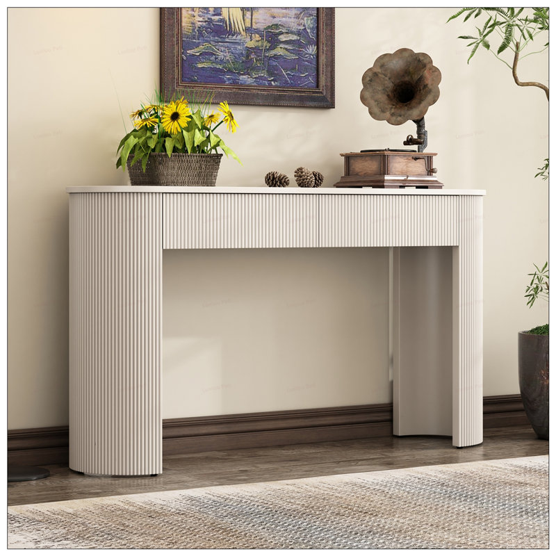 Console moderne de 54 po avec plateau ovale et 2 tiroirs, Blanc champagne