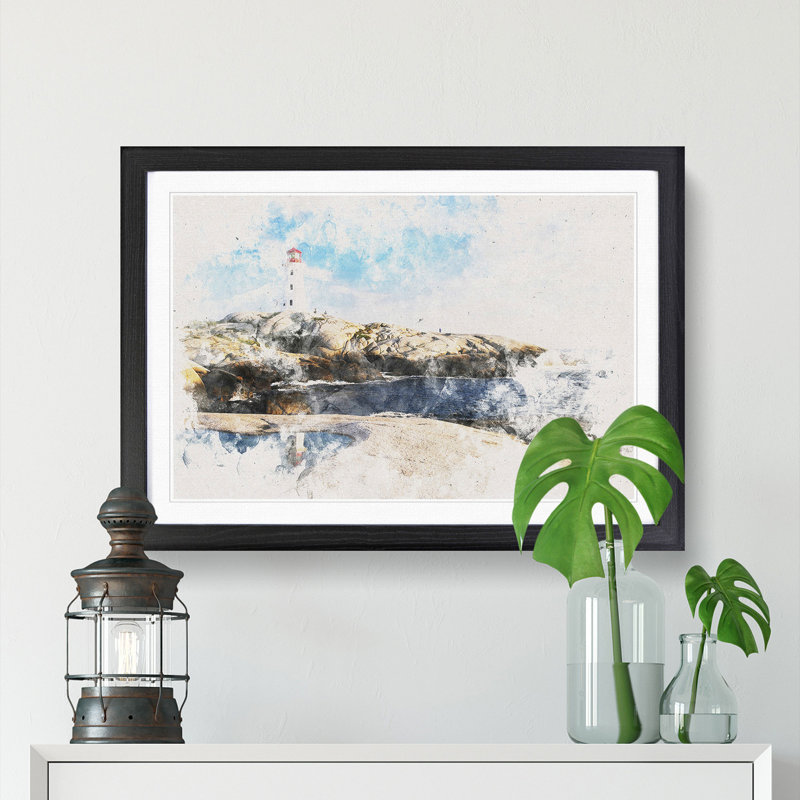 Lighthouse & Seascape in Canada - Picture Frame Painting Print, Black Framed, 36cm H x 48cm W x 2cm D