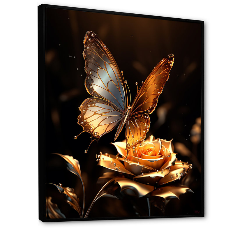 «Gold Butterfly Essence Blooms III», art mural papillon, Cadre flottant noir, 32" H x 16" W