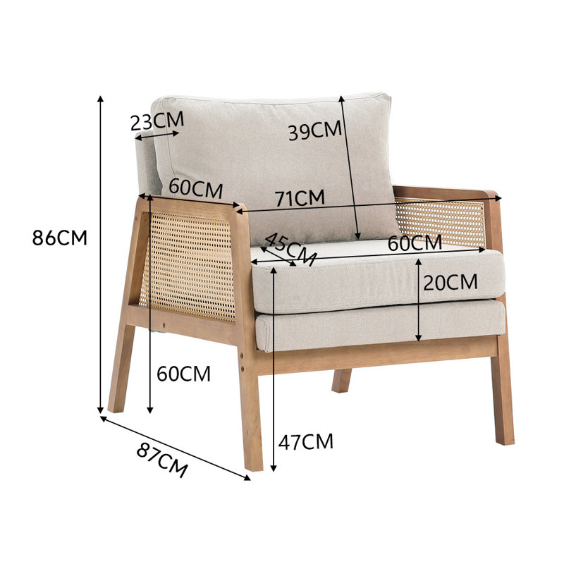 Wood Frame Upholstered Armchair Accent Chair, Beige Velvet, 86" H x 71" W x 87" D