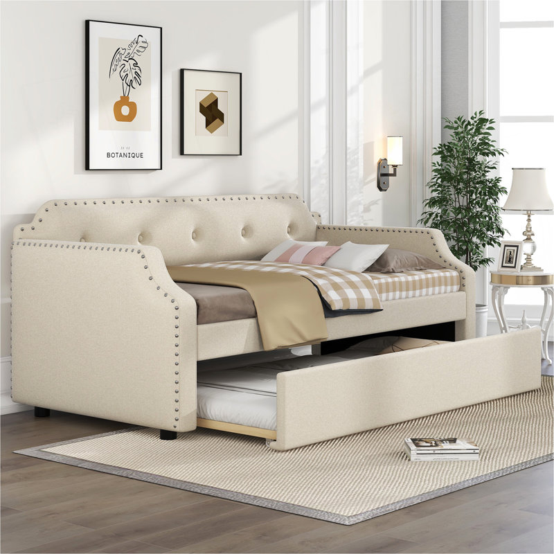 Lit de jour rembourré avec couchette, support à lattes de bois, canapé-lit à structure rembourrée, simple, beige, Beige