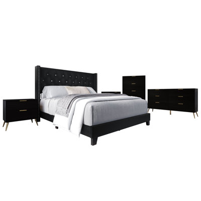 Castle Place Contemporary Rustic Full 5-Piece Bedroom Set, Wingback Bed with 2 Nightstands, Dresser and Chest, Black Velvet