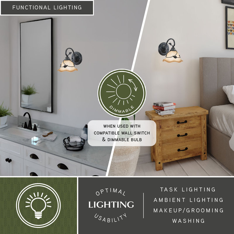 Mia 1-Light 7.5 inch Wide Oil Shale Rustic Bathroom Vanity Lighting Fixture, Amber Flake Scalloped Glass Shade, Mia and Leaf Motif, Dimmable LED Compatible, Wall Mounted Steel Sconce