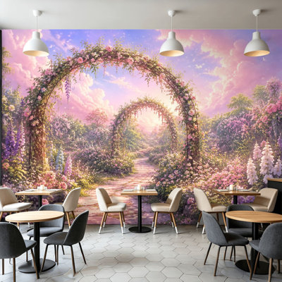 Peel and Stick Wallpaper Wall Mural Whimsical Garden Path Floral Arches Soft Sunset Glow Wall Art Self Adhesive and Removable