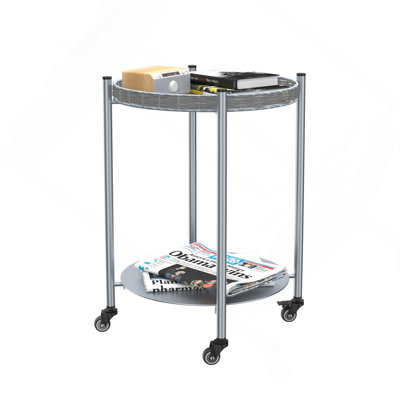Round Coffee Table With Wheels 2-Tier Movable Side Tables Silver Metal Detachable Bedside Nightstand For Bedroom Living Room End Tables Next To Sofa