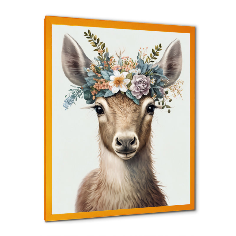 Mignon bébé chèvre avec couronne florale - animaux, art mural sur toile, L 12 po x H 20 po, Toile avec cadre photo doré
