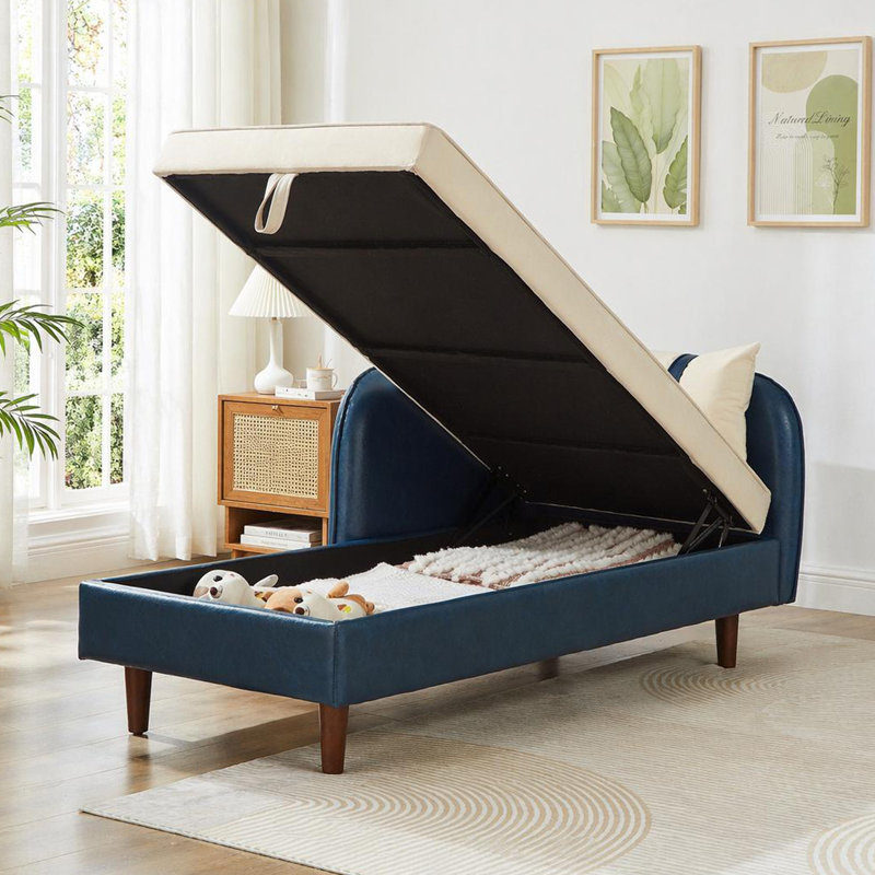 Canapé de rangement 65 po en polyuréthane bleu marine et beige, Beige / bleu, Brun