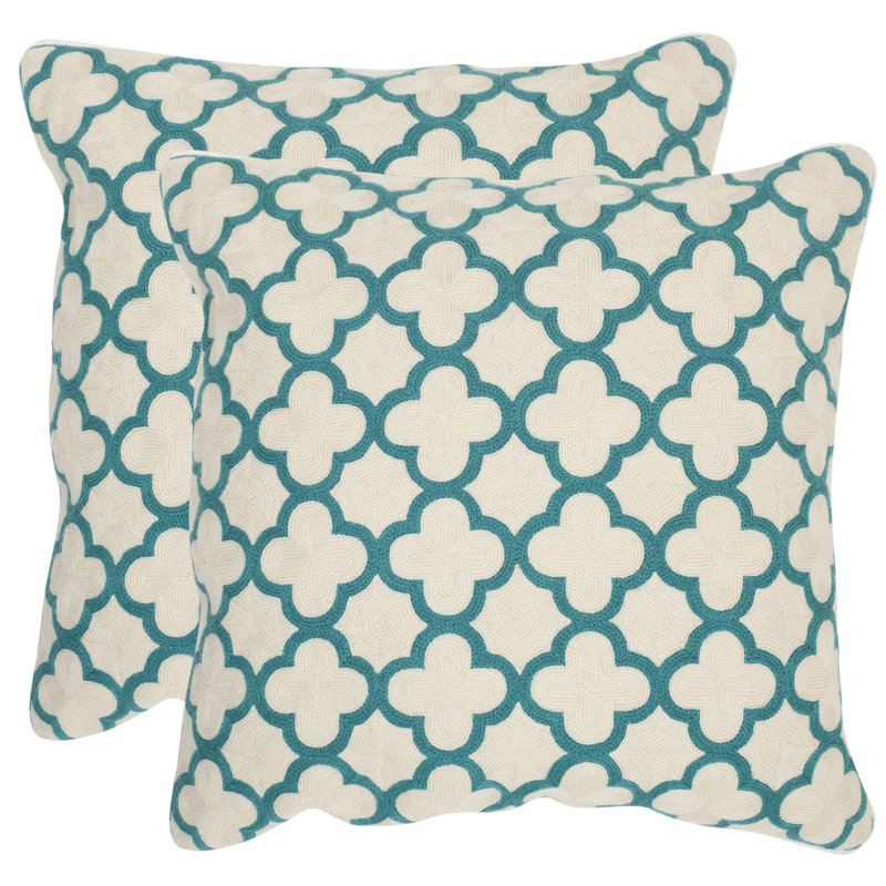 Teal and White Embroidered Square Throw Pillows, 20" Set