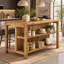 Îlot de cuisine en bois massif de 150 cm avec 2 tablettes de rangement ouvertes, table de préparation autoportante de style campagnard à hauteur du comptoir-1422505242