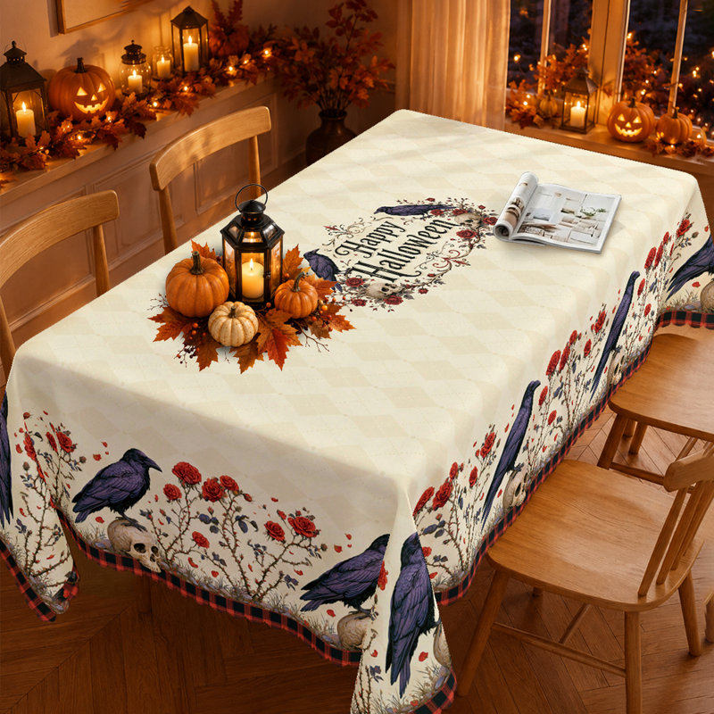 Nappe gothique vintage d'Halloween - Chemin de table à bordure florale avec corbeau, crâne et roses rouges.