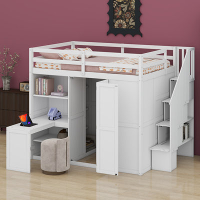 Lit superposé double avec garde-robe, bureau et tablettes